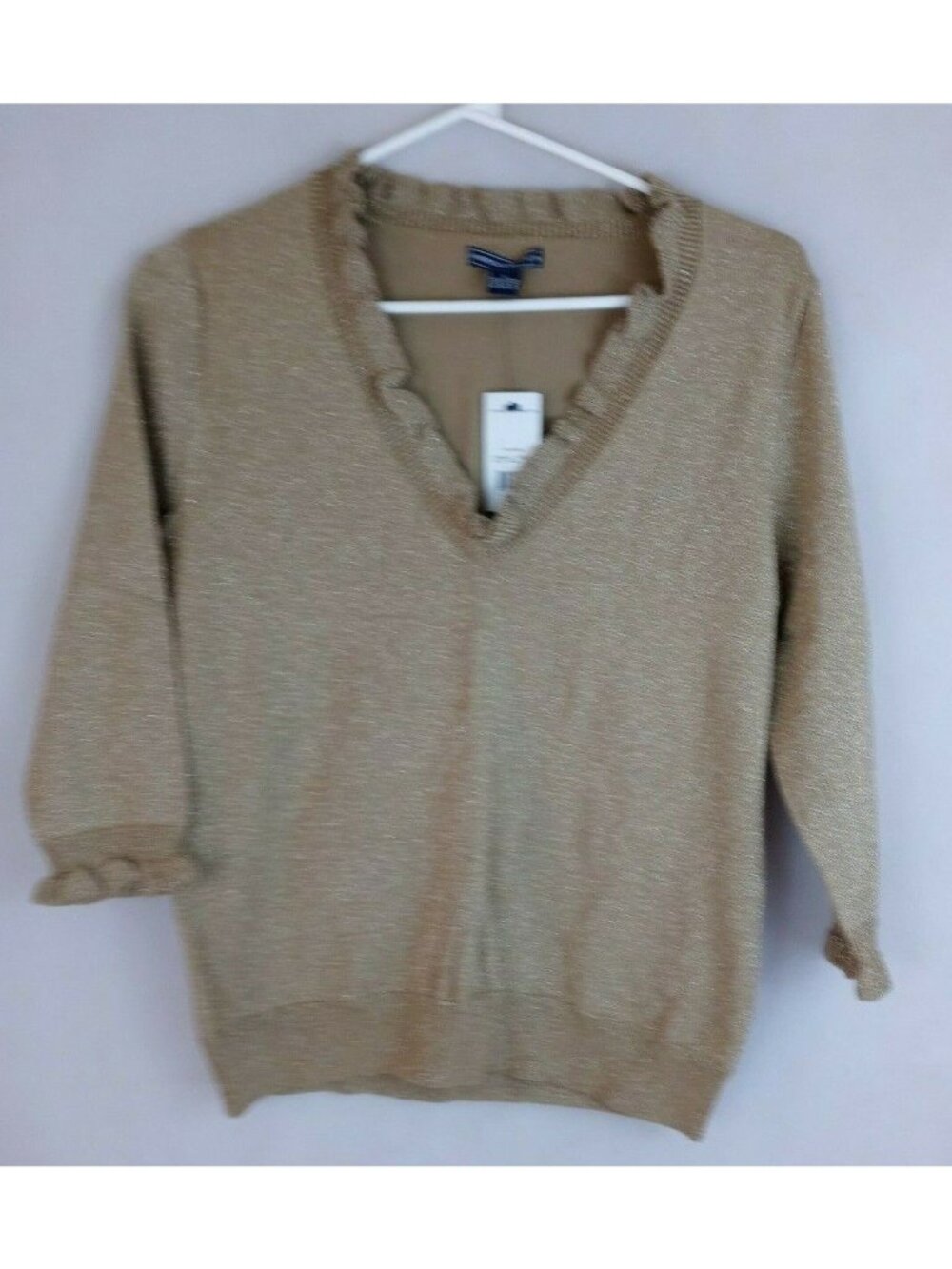 New American Living Women's Gold Metallic Ruffle Neckline Blouse Size Large